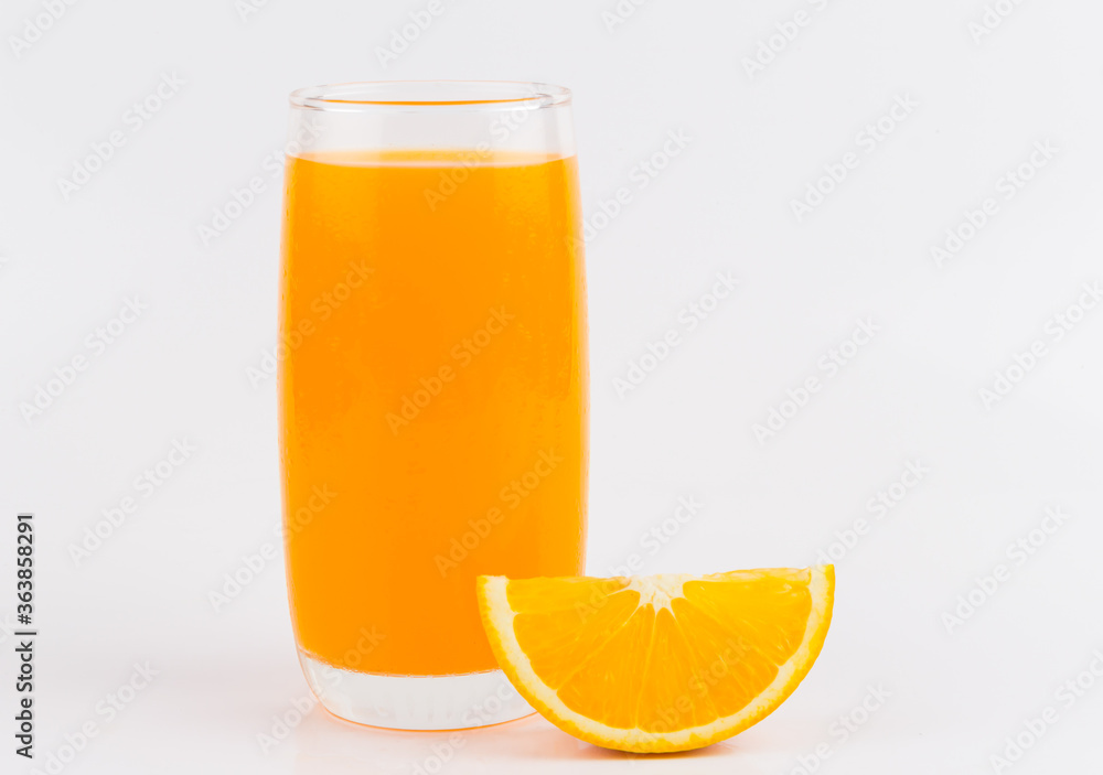 Orange juice and slices of orange on white background Orange juice and slices of orange on white background