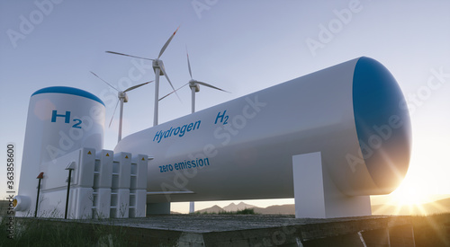 Hydrogen renewable energy production - hydrogen gas for clean electricity solar and windturbine facility. 3d rendering.