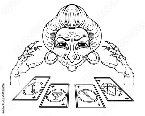 Old fortune teller with tarot cards. Tarot cards included symbols of pentacles, wands, cups, swards. Vector templates isolated on white background.