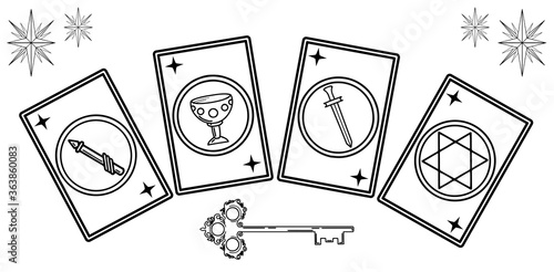 Magic occult set of tarot cards. Set of tarot cards included symbols of pentacles, wands, cups, swards. Vector templates isolated on white background.