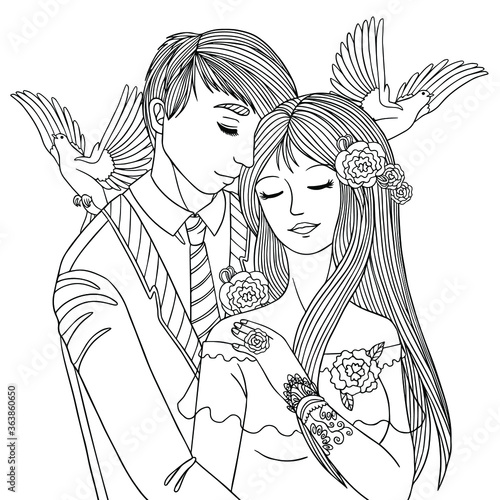 Bride and groom together. Lovers in the hugs. Romantic illustration of love. Coloring book page for adult. Line art with doodle, pattern, zentangle elements. Wedding illustration with pigeons.