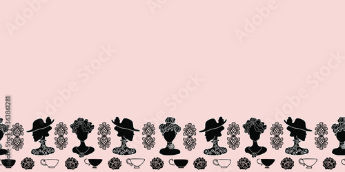 Vector Art Deco tea party pink, black and white decorative seamless border pattern.