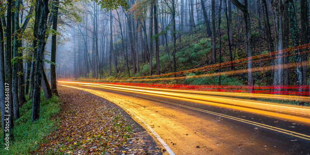Obraz premium Car driving though Great Smoky Mountains National Park at daybreak