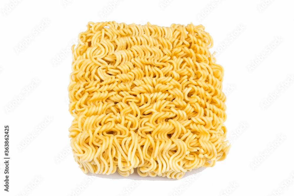 A block of uncooked Ramen Noodles on white background.