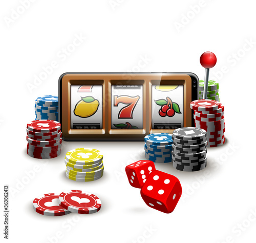 big win illustration Online Jackpot casino Slot machine banner in mobile phone. Chips, playing card, dice. Marketing Luxury Banner Jackpot Online Casino game Slot-machine in Smartphone play now poster