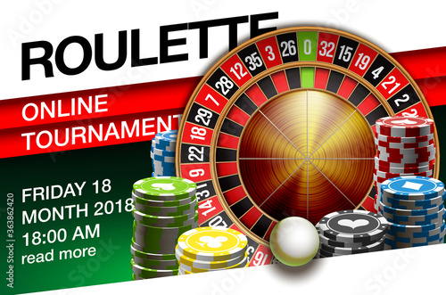 illustration Online Poker casino banner with american roulette on green surface table. Marketing Luxury Banner Jackpot Online Casino with classic roulette. Advertising poster with ribbon for text.