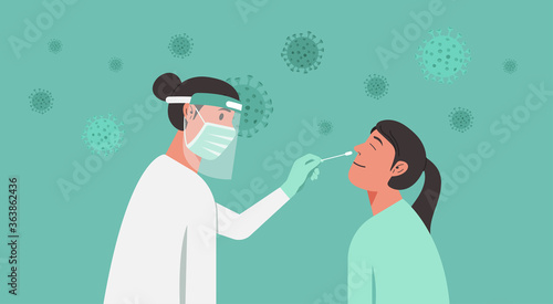 medical professional, doctor, or nurse doing Covid-19 or Coronavirus test or DNA test to a young woman with nasal swab probe