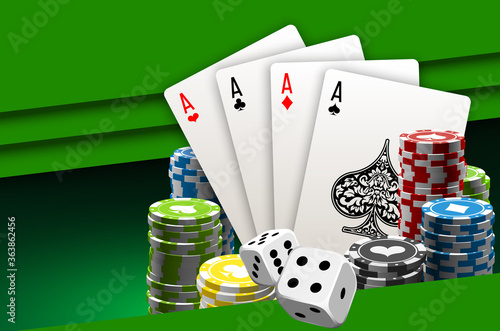 illustration Online Poker casino banner with a chips, playing cards and dice. Marketing Luxury Banner Jackpot Online Casino with flat paper cloud for text. Empty advertising poster.