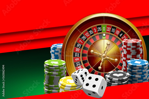 illustration Online Poker casino banner with american roulette on green surface table. Marketing Luxury Banner Jackpot Online Casino with classic roulette. Advertising poster with red ribbon for text.