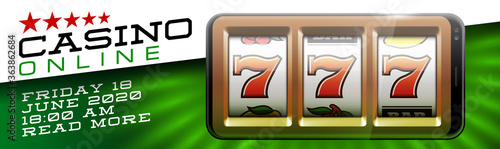 Illustration banner of mobile online casino application with 777 big win slot machine. Realistic advertising poster with online mobile app casino and Jackpot 777. Play now in One Armed Bandit banner