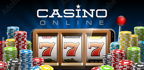 Illustration banner of mobile online casino application with 777 big win slot machine. Realistic advertising poster with online mobile app casino and Jackpot 777. Play now in One Armed Bandit banner