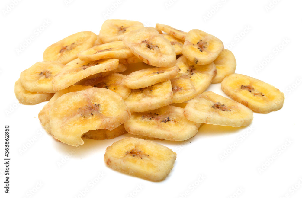 Banana chips on white background