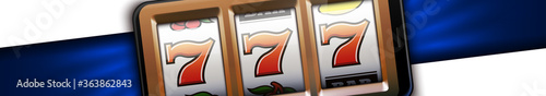 Illustration banner of mobile online casino application with 777 big win slot machine. Realistic advertising poster with online mobile app casino and Jackpot 777. Play now in One Armed Bandit banner