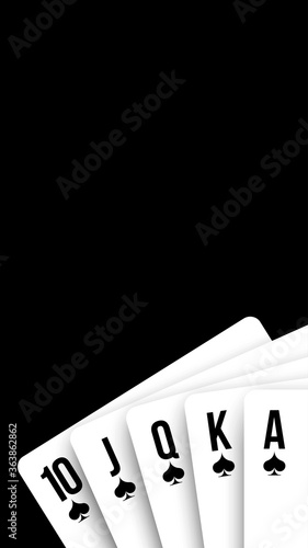 banner 3d realistic playing cards isolated on black background with empty place for text. blank poster template with design card royal flush poker hand
