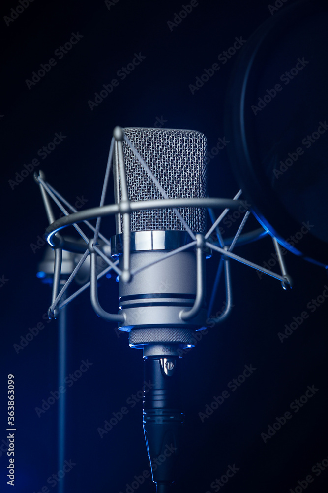 Close-up of a Neumann TLM 102 studio recording microphone in the dark with a spotlight on it