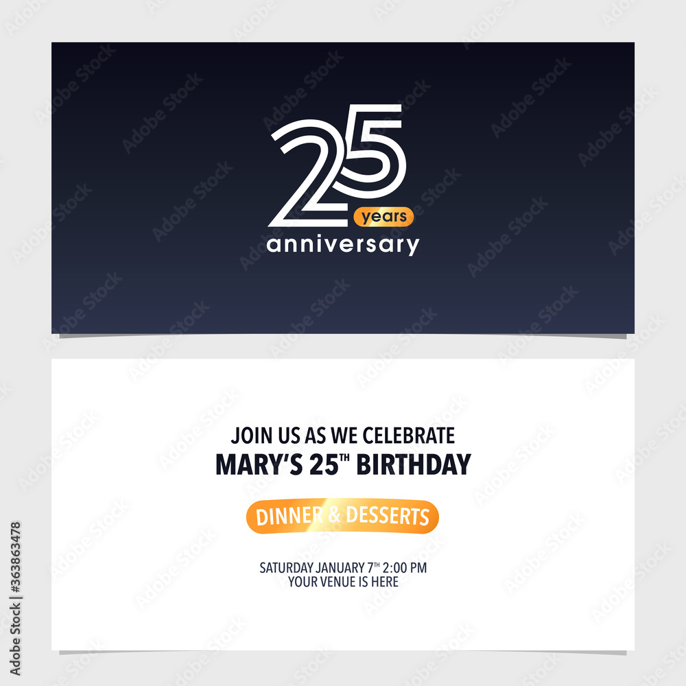 Fototapeta premium 25 years anniversary invitation card vector illustration. Double sided modern graphic design template