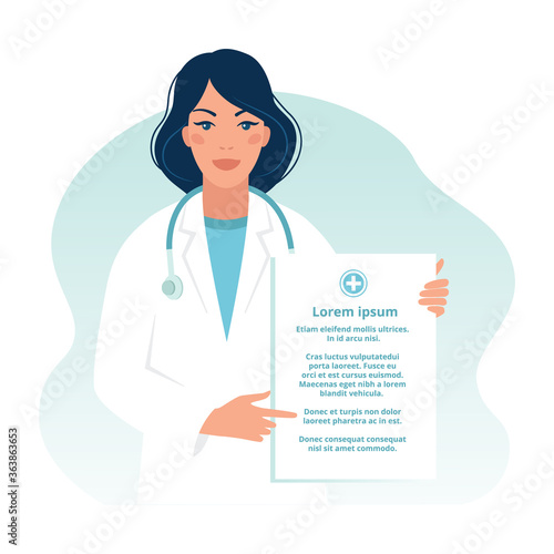 A female doctor holds and shows a medical document. Vector illustration isolated on a white background.