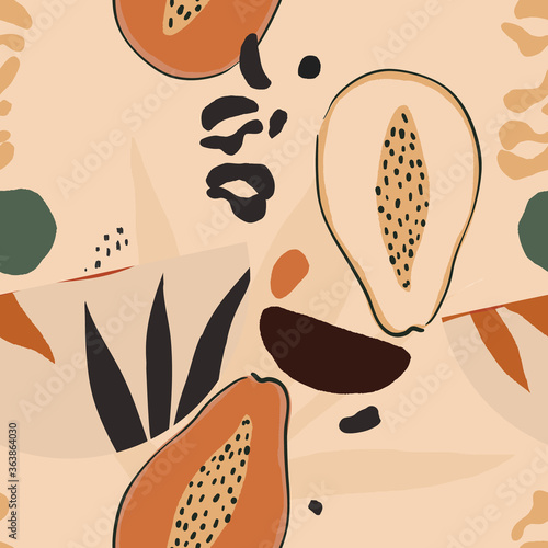 Hand drawn abstract pattern with papayas and leopard print. Creative collage contemporary seamless pattern. Natural colors. Fashionable template for design.