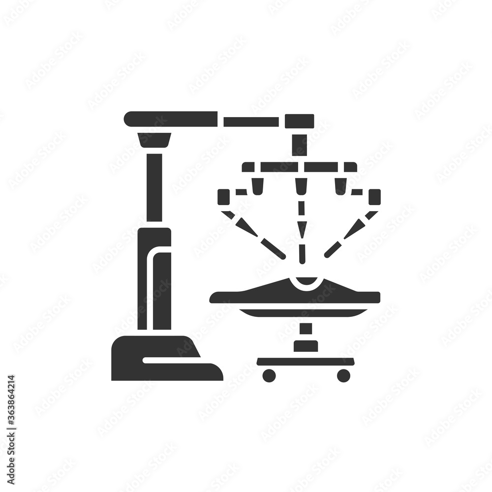 Medical robot black glyph icon. Robot surgeon makes a surgery patient on the operating table. Innovation in medicine. Sign for web page, app. UI UX GUI design element. Medical robot black glyph icon. Robot surgeon makes a surgery patient on the operating table. Innovation in medicine. Sign for web page, app. UI UX GUI design element.