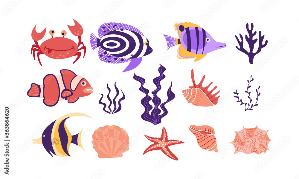 Underwater tropical creatures and objects isolated on white background ...