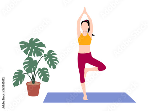 Beautiful simple flat vector of a young slim woman exercising yoga. Tree pose.