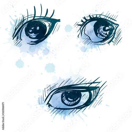 Illustration of eyes. Set eyes with vector watercolor drops