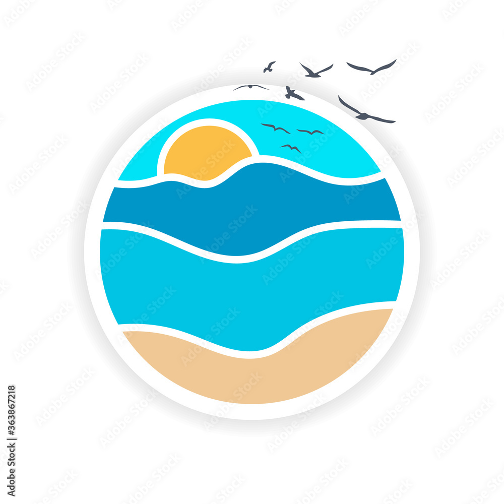 Abstract logo beach, sea, ocean, sun, sky, seagulls, resort template sign design vector. Sign, icon, symbol summer, enjoy, water waves, sand. Landscape horizon line. Vector illustration. Abstract logo beach, sea, ocean, sun, sky, seagulls, resort template sign design vector. Sign, icon, symbol summer, enjoy, water waves, sand. Landscape horizon line. Vector illustration.