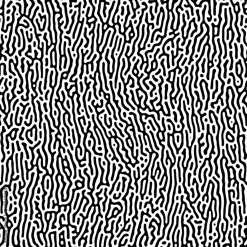Intricate geometric Turing pattern in classic black and white seamless pattern vector background.