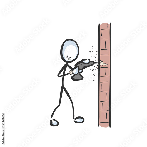 Drilling neighbour. Annoying loud noise. Vector simple wall drill. Stickman no face clipart cartoon. Hand drawn. Doodle sketch, graphic illustration