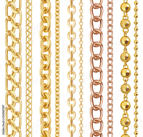 Set of realistic vector golden shiny chains. Vector illustration of gold metal necklace isolated on white background