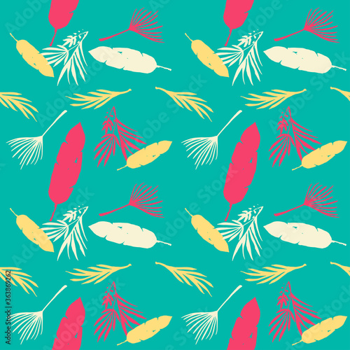 Funky Tropical Vector Seamless Pattern. Monstera Banana Leaves Dandelion Feather Tropical Seamless Pattern. 
