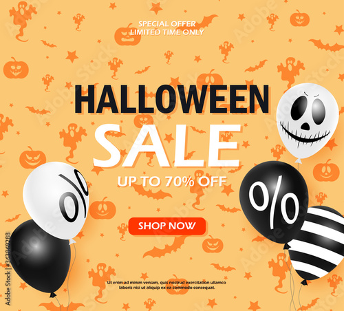 Halloween sale. Autumn modern offer. Pumpkin  bat  witch hat  skull  cat hand drawn elements.