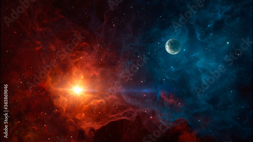 Fototapeta Naklejka Na Ścianę i Meble -  Space background. Colorful nebula with planet. Elements furnished by NASA. 3D rendering