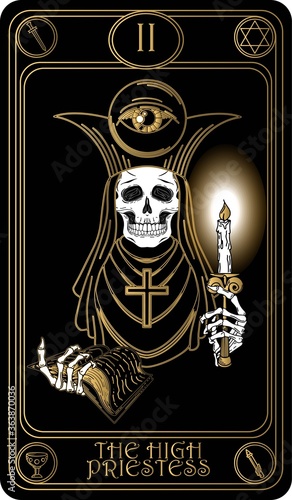 The High Priestess. The 2nd card of Major arcana black and gold tarot cards. Vector hand drawn illustration with skulls, occult, mystical and esoteric symbols.