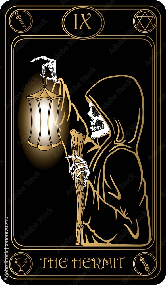 A modern black and gold tarot card depicting The Hermit, with intricate designs and a glowing lantern against a dark background.