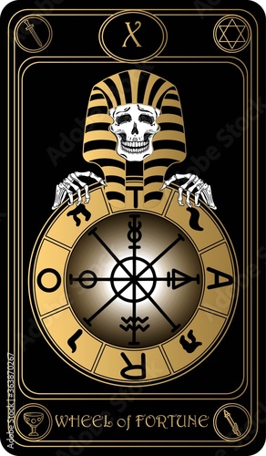 The Wheel of Fortune. The 10th card of Major arcana black and gold tarot cards. Vector hand drawn illustration with skulls, occult, mystical and esoteric symbols.
