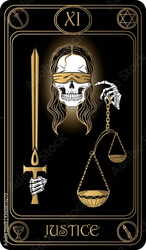 Justice. The 11th card of Major arcana black and gold tarot cards. Vector hand drawn illustration with skulls, occult, mystical and esoteric symbols.