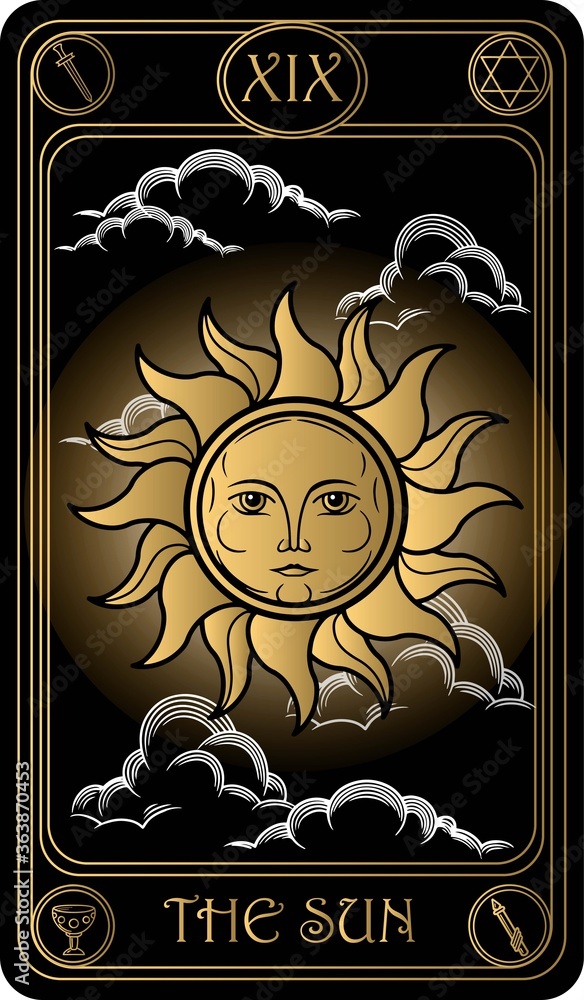 The Sun. The 19th card of Major arcana black and gold tarot cards. Vector  hand drawn illustration with skulls, occult, mystical and esoteric symbols.  Stock ベクター | Adobe Stock