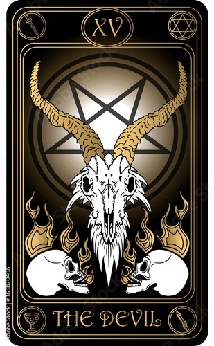 The Devil. The 15th card of Major arcana black and gold tarot cards. Vector hand drawn illustration with skulls, occult, mystical and esoteric symbols.