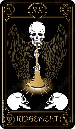 Judgement. The 20th card of Major arcana black and gold tarot cards. Vector hand drawn illustration with skulls, occult, mystical and esoteric symbols.