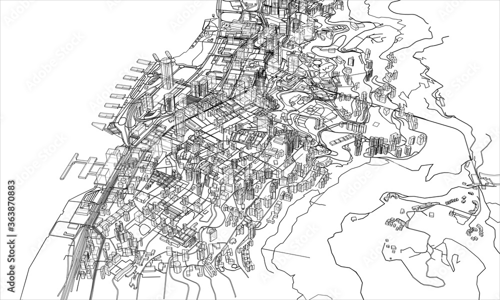 Outline city concept. Wire-frame style