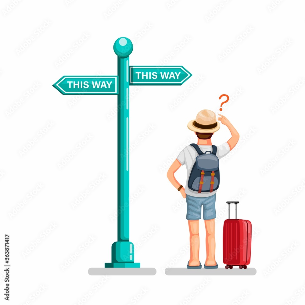 Backpacker guy standing front road sign board in street confusing choose way. tourist travel guide symbol set concept in cartoon illustration vector on white background Backpacker guy standing front road sign board in street confusing choose way. tourist travel guide symbol set concept in cartoon illustration vector on white background