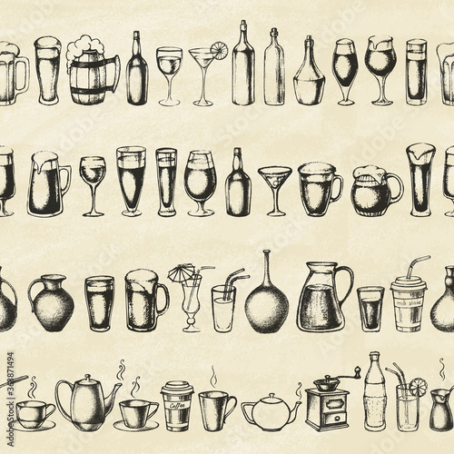 Set of different hand drawn beverages. Seamless background. Vector illustration.