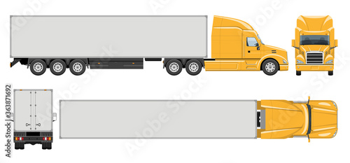 Semi trailer truck vector template with simple colors without gradients and effects. View from side, front, back, and top