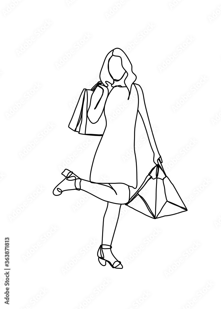 Drawing line, Young women walking and shopping Drawing line, Young women walking and shopping