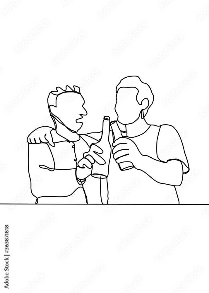 continuous line drawing, Two men enjoying drinking continuous line drawing, Two men enjoying drinking