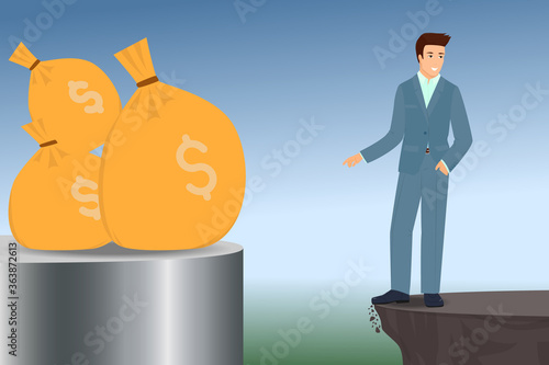 The concept of reliable storage of money in a bank during a crisis or other adverse situations. A happy businessman in a gray suit successfully invested his money and they are safe.