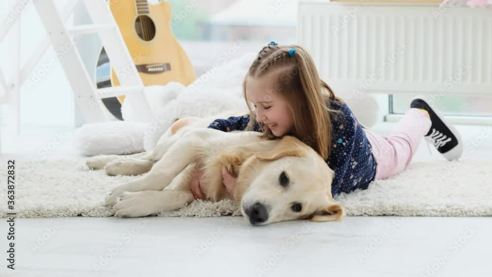 Cute little girl palming adorable dog lying on floor in light room Cute little girl palming adorable dog lying on floor in light room