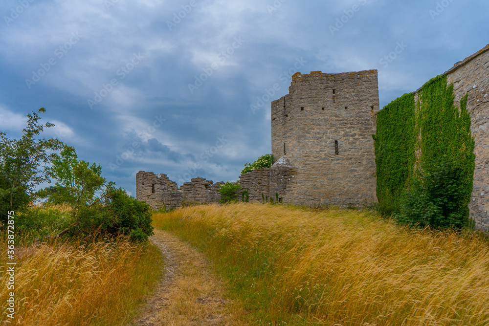 Visby old town wall. Photo of medieval architecture. Gotland. Sweden