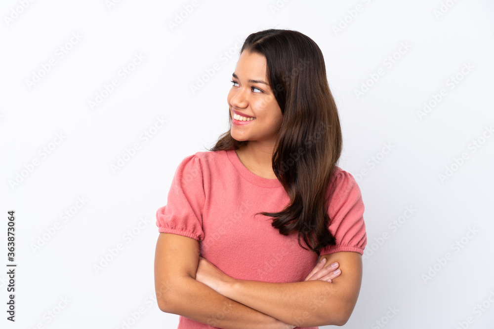 Young Colombian girl over isolated white background happy and smiling Young Colombian girl over isolated white background happy and smiling